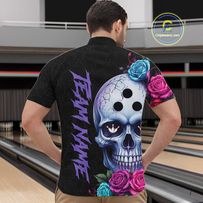 Person wearing a black jersey with a colorful skull design and 'Team Name' text at a bowling alley.