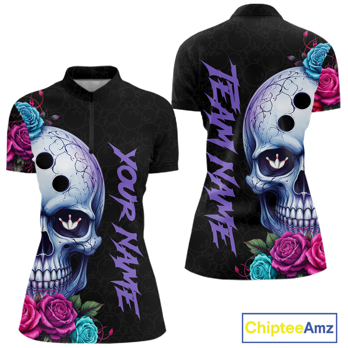 Black quarter-zip jersey with a colorful skull design and 'Your Name' 'Team Name'