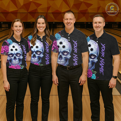 Four people wearing matching shirts with skull designs on a bowling alley.