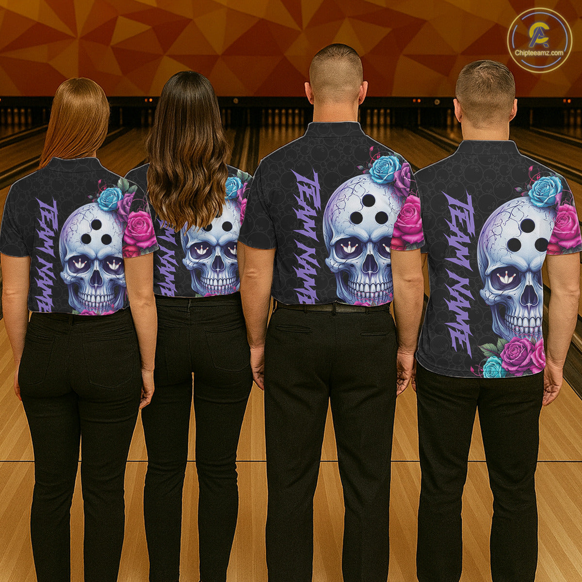 Four people wearing shirts with colorful skull designs on a bowling alley floor.