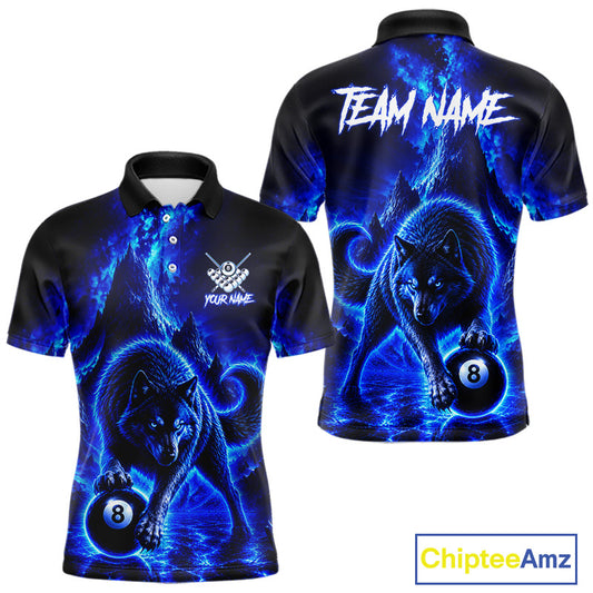 Custom short-sleeve polo shirt shown from the front and back, featuring a glowing blue electric wolf graphic with an 8-ball, black collar, and customizable white text areas reading 'TEAM NAME' and 'YOUR NAME'.