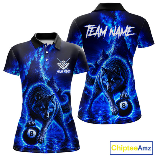 Custom short-sleeve polo shirt shown from the front and back, featuring a glowing blue wolf and 8-ball graphic on a dark background, with placeholder text 'TEAM NAME' and 'YOUR NAME' on the chest.