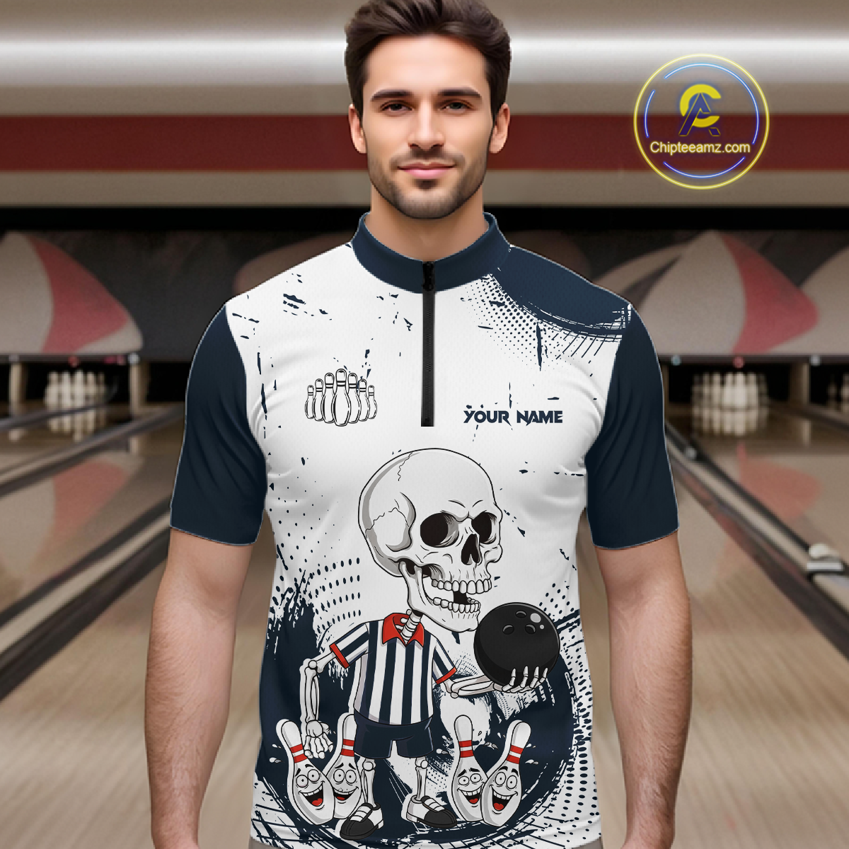 Skeleton Bowling Team Shirt for Men Personalized Funny Bowling Team Jersey Polo & 1/4-Zip QZT818