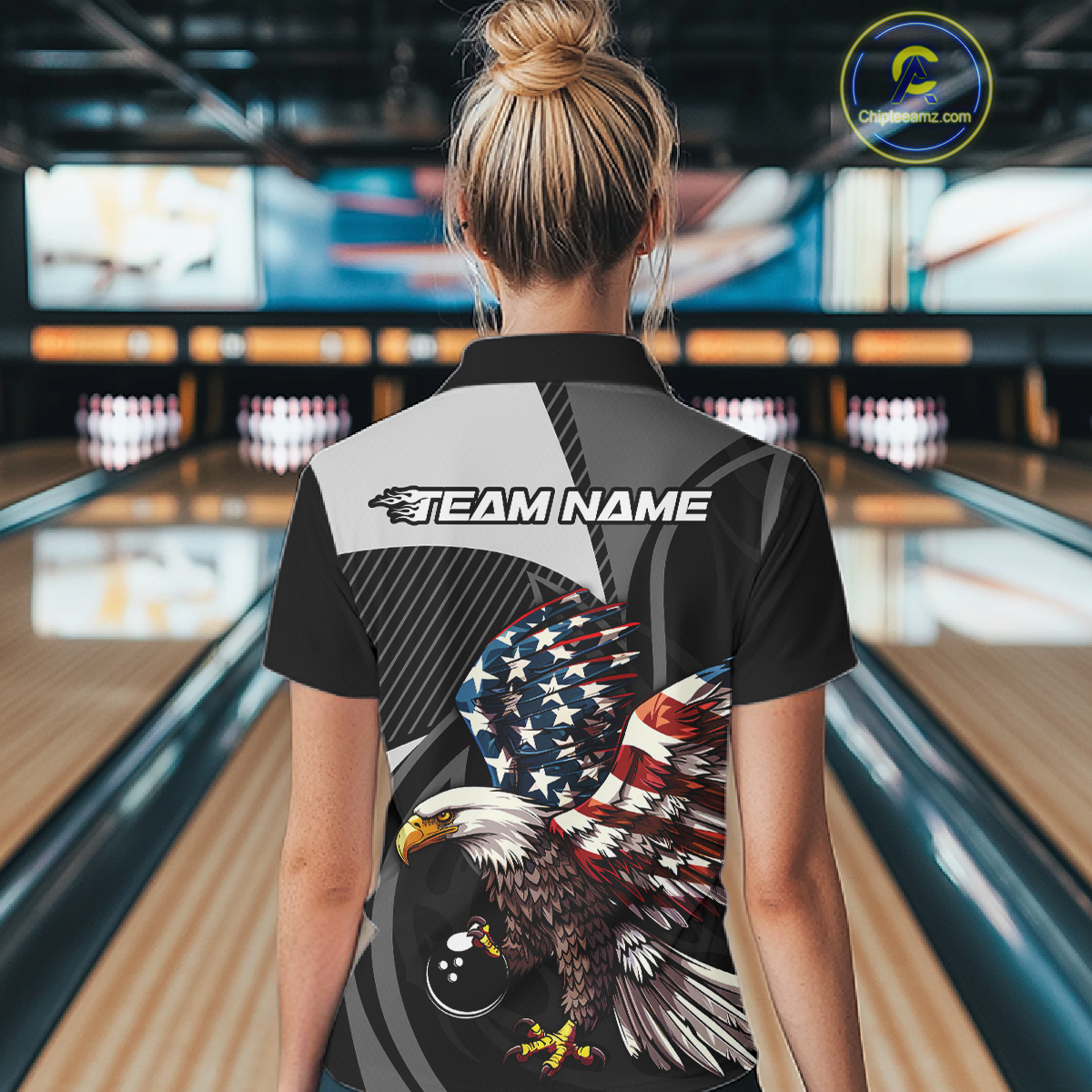 Custom American Flag Eagle Bowling Polo Shirt Quarter-Zip Bowling Jersey for Women QZT819