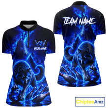Load image into Gallery viewer, Blue and black polo shirt with wolf design and customizable text on a white background