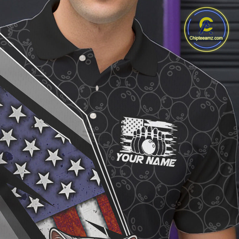 Close-up front view of custom black patriotic cat bowling polo shirt showing Your Name, cute cartoon cat graphic and American flag design