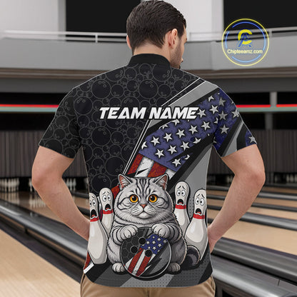 Man wearing custom black patriotic cat bowling quarter-zip shirt back view featuring an American flag, bowling ball and honeycomb pattern, displaying Team Name, at the bowling alley