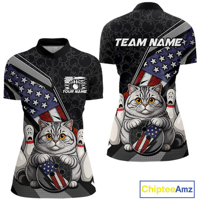 Front and back view custom black patriotic cat bowling quarter-zip shirt featuring a cute cartoon feline, American flag, bowling ball and honeycomb pattern, displaying Your Name and Team Name