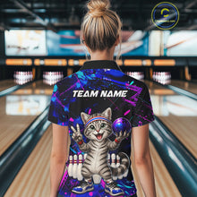Load image into Gallery viewer, Person wearing a colorful bowling shirt with a cat design and 'TEAM NAME' text in a bowling alley.