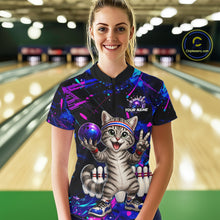 Load image into Gallery viewer, Person wearing a colorful bowling shirt with a cat design in a bowling alley.