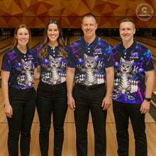Load image into Gallery viewer, Four people wearing matching bowling shirts with a cat design on a bowling alley.