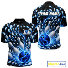 Load image into Gallery viewer, Bowling-themed shirt with blue and black design, featuring a bowling ball and pins, on a white background. 'Team Name' and 'Your Name' text placeholders are visible.