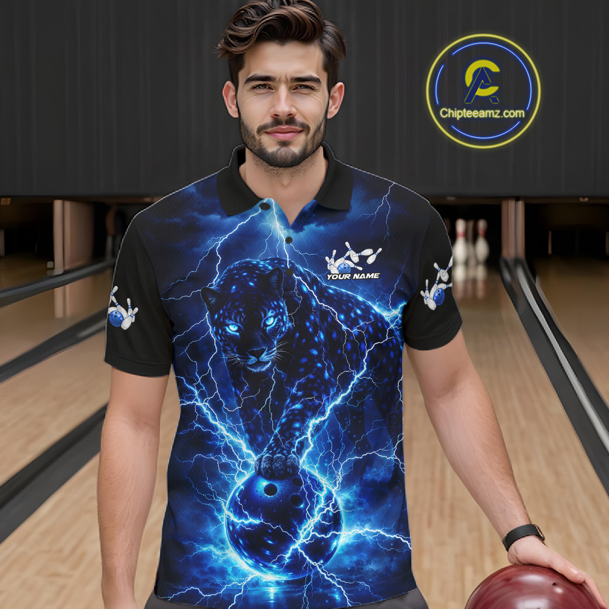 Custom Blue Lightning Thunder Leopard Bowling Shirt Polo & 1/4 Zip Bowling League for Women QZT833