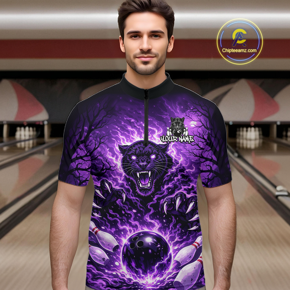 Custom Panther Bowling Shirt for Men Bowling Team Jersey Bowling Outfit Polo & Quarter-Zip QZT970