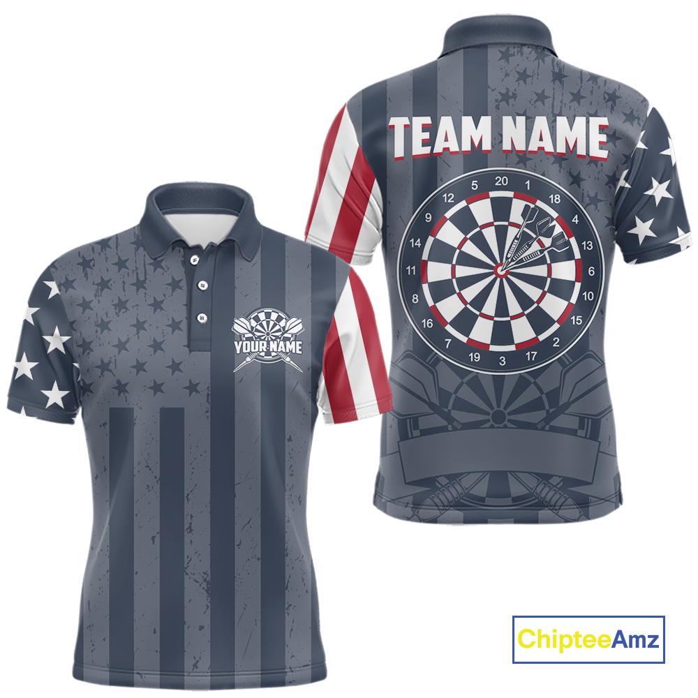 Front and back views of a custom vintage grey darts polo shirt, featuring asymmetric American flag sleeves, a large dartboard graphic, and personalized text.