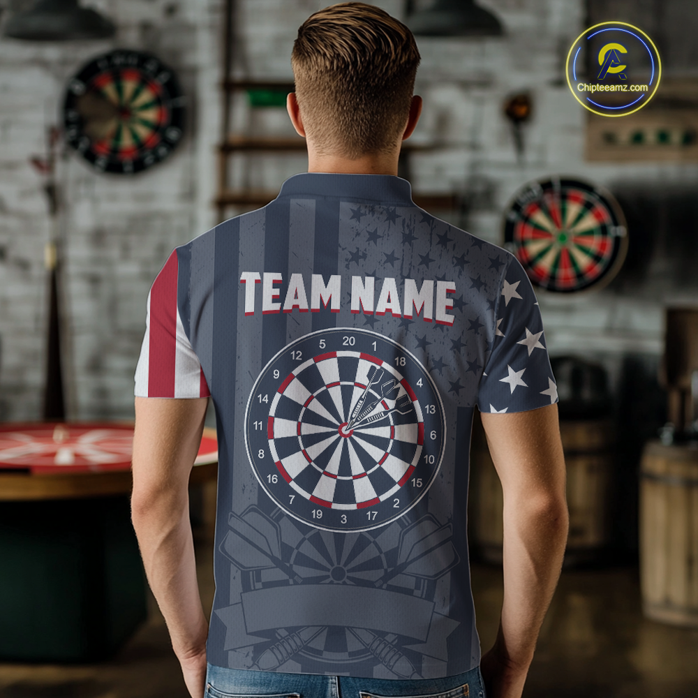 Back view of a male model showing off a retro style custom darts shirt with a large dartboard and red 'TEAM NAME' printed across the shoulders.