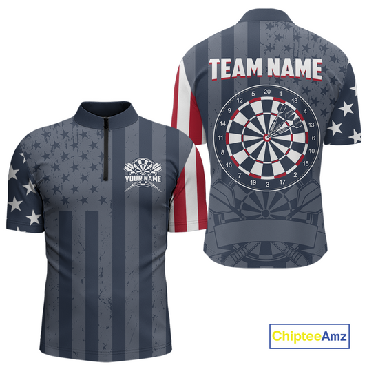 Front and back views of a custom quarter-zip darts shirt, featuring a distressed American flag pattern, large dartboard graphic, and personalized 'YOUR NAME' and 'TEAM NAME'.