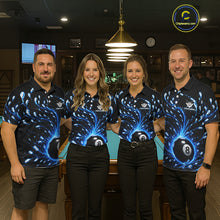 Load image into Gallery viewer, Four people wearing matching polo shirts with a pool ball design in a bar setting.