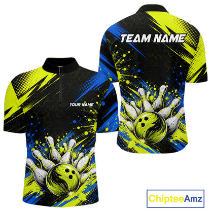 Custom bowling-themed short-sleeve polo shirt shown from both front and back views. The shirt features a black base with vibrant neon yellow and blue graphic patterns, including a bowling ball and pins design on the front and back, with customizable text placeholders 'YOUR NAME' and 'TEAM NAME'.