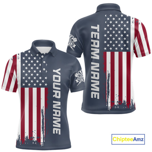 Customizable polo shirt shown from both front and back views. The shirt features a navy blue base with a distressed American flag print in red, white, and blue, with vertical text placeholders 'YOUR NAME' on the front and 'TEAM NAME' on the back.