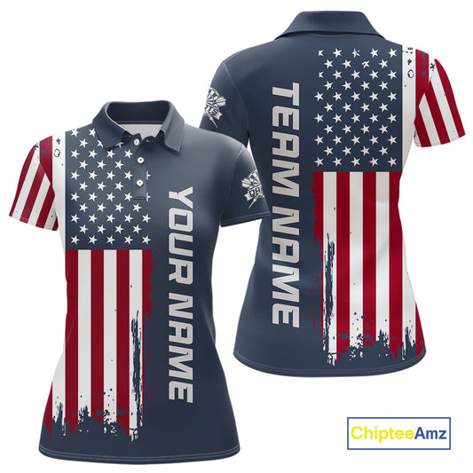 Custom short-sleeve polo shirt shown from front and back on a white background. The shirt features a navy blue base with a distressed American flag print in red, white, and blue, plus large vertical text areas reading 'YOUR NAME' on the front and 'TEAM NAME' on the back.