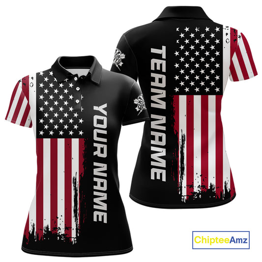 Front and back view of a custom patriotic dart polo shirt featuring a distressed American flag graphic with personalized team name and player name.