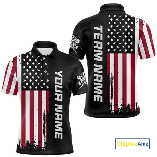 Front and back view of a custom patriotic dart polo shirt featuring a distressed American flag graphic with personalized team name and player name.