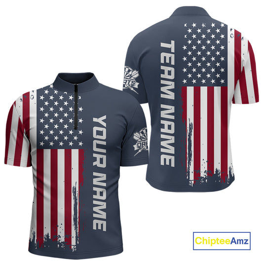 Front and back views of a navy blue short-sleeve cycling jersey featuring a distressed American flag design and vertical 'YOUR NAME' and 'TEAM NAME' text placeholders, shown on a white background with a ChipteeAmz logo in the corner.