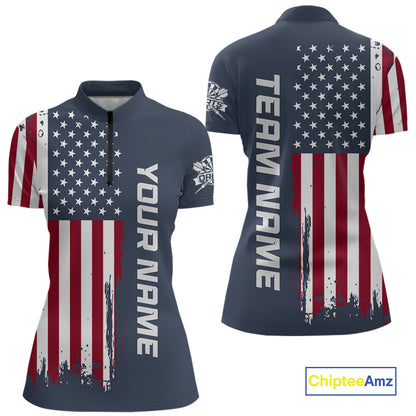 Front and back view of a custom navy dart quarter zip featuring a distressed American flag graphic with personalized team name and player name.