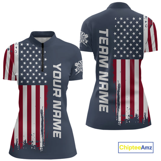 Front and back view of a custom navy dart quarter zip featuring a distressed American flag graphic with personalized team name and player name.