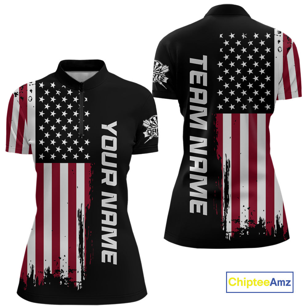 Front and back view of a custom patriotic dart quarter zip featuring a distressed American flag graphic with personalized team name and player name.