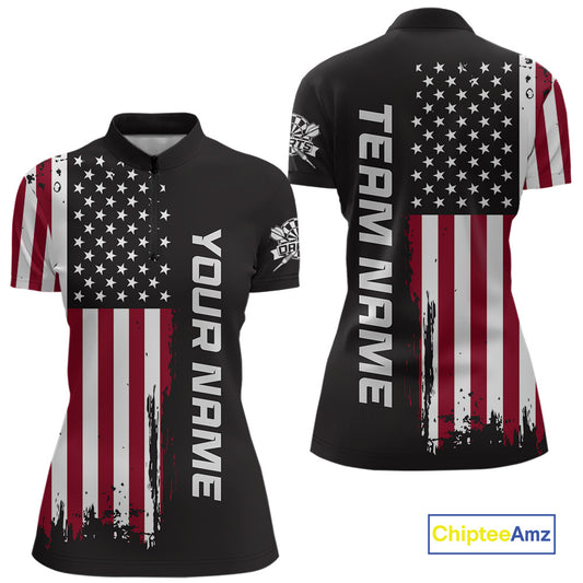Front and back view of a custom brown dart quarter zip featuring a distressed American flag graphic with personalized team name and player name.