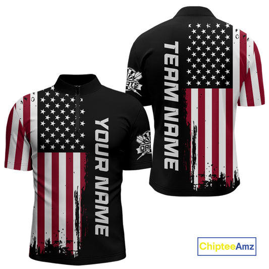Front and back view of a custom patriotic dart quarter zip featuring a distressed American flag graphic with personalized team name and player name.