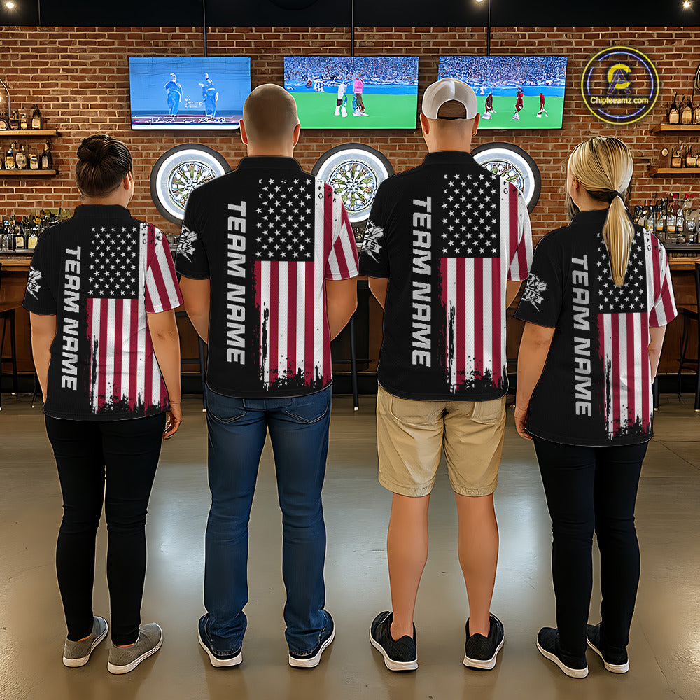 Back view of four people wearing matching custom patriotic dart polo shirts with personalized team names and distressed American flag graphics in a professional dart room.