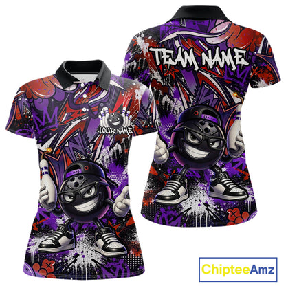 Custom Purple Red Graffiti Funny Bowling Mascot Shirt for Women Polo & 1/4 Zip for Bowling Team QZT1062