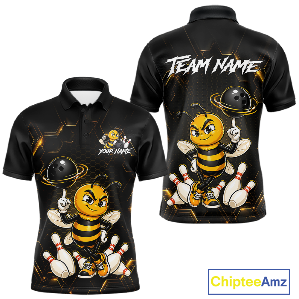 Black & Gold Funny Bee Bowling Shirt for Men Custom Bowling Team Jersey League Polo & Quarter-Zip QZT1008