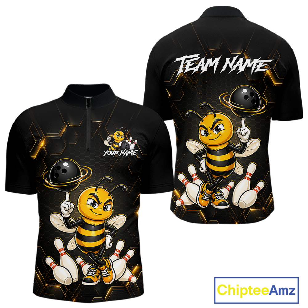 Black & Gold Funny Bee Bowling Shirt for Men Custom Bowling Team Jersey League Polo & Quarter-Zip QZT1008
