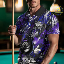 Load image into Gallery viewer, Person wearing a colorful polo shirt with a pool ball design, holding a pool cue in a billiards setting.