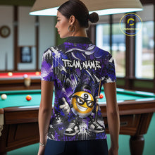 Load image into Gallery viewer, Person wearing a purple and blue shirt with a billiard ball design in a pool hall.