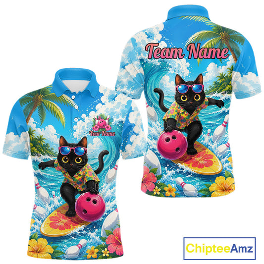 A custom short-sleeve polo shirt shown from both front and back, featuring a colorful all-over print of a black cat surfing on a wave while wearing sunglasses and a Hawaiian shirt, with palm trees, flowers, and the text 'Team Name' on the back. The brand name 'ChipteeAmz' is visible in a logo at the bottom right.