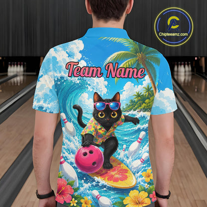 A man viewed from behind wearing a short-sleeve crewneck shirt with a vibrant, full-back graphic print. The print features a black cat surfing on a yellow board with a pink bowling ball, surrounded by palm trees, waves, and bowling pins.