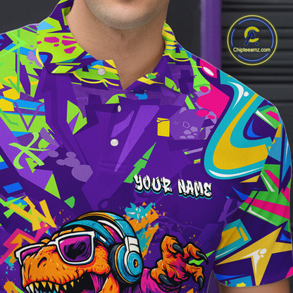 Custom Funny Graffiti Dinosaur Bowling Shirt Polo & 1/4 Zip Bowling Jersey for Men Bowling Outfit QZT795