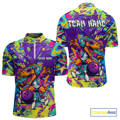 Custom Funny Graffiti Dinosaur Bowling Shirt Polo & 1/4 Zip Bowling Jersey for Men Bowling Outfit QZT795