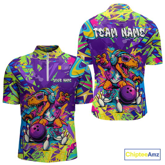 Custom Funny Graffiti Dinosaur Bowling Shirt Polo & 1/4 Zip Bowling Jersey for Men Bowling Outfit QZT795