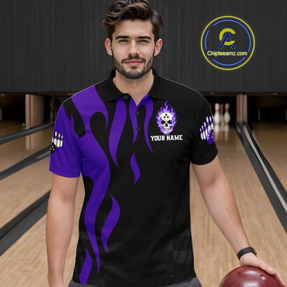 Purple Flame Skull Bowling Shirt Bowling Team Jersey for Men Polo & 1/4-Zip Bowling Outfit QZT931