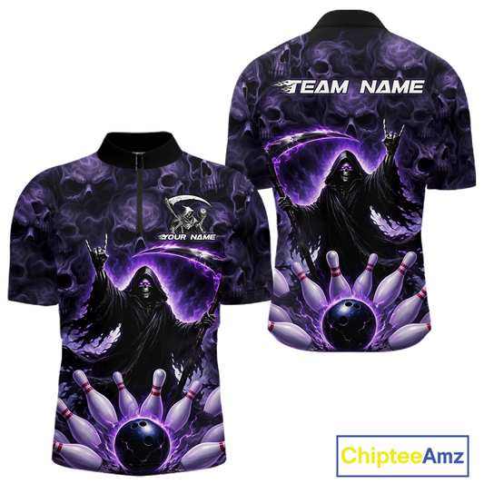 Custom Grim Reaper Bowling Shirt for Men Skull Pattern Bowling Jersey Polo &1/4 Zip QZT978