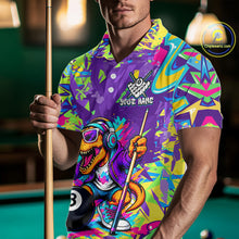 Load image into Gallery viewer, Person wearing a colorful polo shirt with a graphic design, holding a pool cue in a billiards setting.