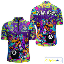 Load image into Gallery viewer, Colorful quarter-zip with a dinosaur design holding a pool ball and stick, featuring 'Team Name' text on a white background.