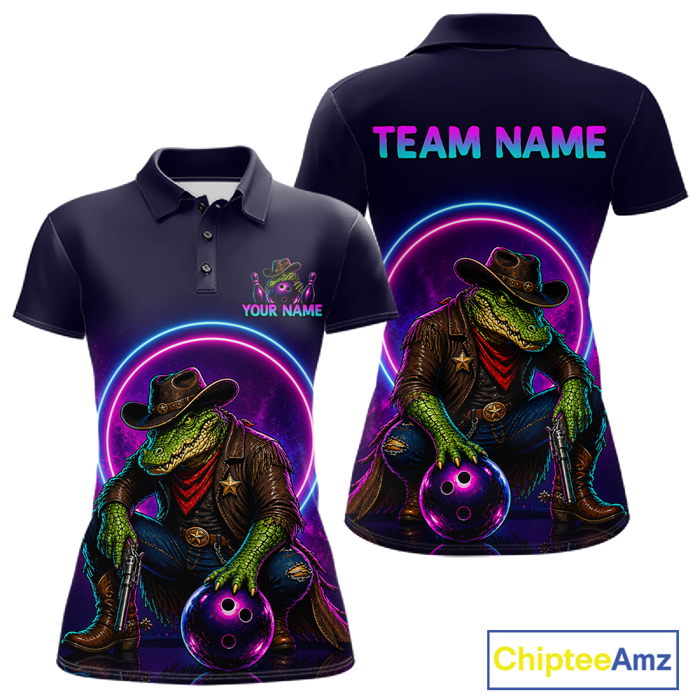 Custom Neon Cowboy Alliagator Bowling Shirt for Women Bowling Team Jersey Polo & 1/4-Zip Bowling Outfit QZT1013
