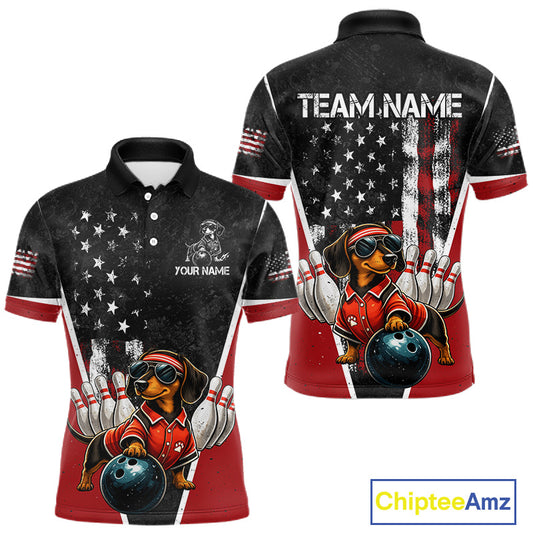 Front and back views of a short-sleeve polo shirt with a bowling-themed graphic featuring a dachshund wearing a red bowling shirt and holding a bowling ball, set against an American flag background. The front shows a dog graphic with the text 'YOUR NAME' and 'TEAM.